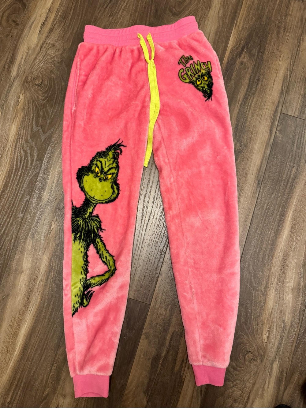 The Grinch Pink Plush Jogger Pants with Yellow Drawstring